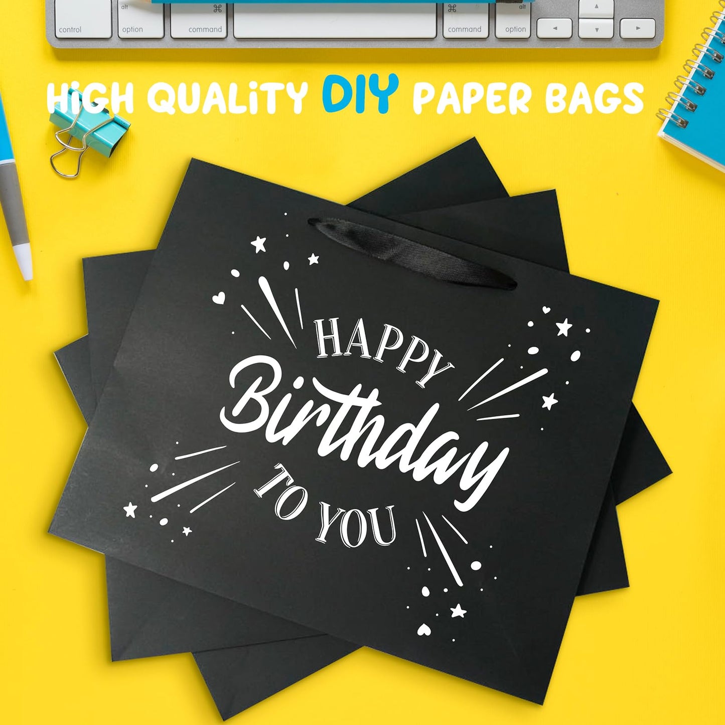 6 Pack Medium 10.5"x4"x8.1" Black Gift Bags with Tissue Papers, Kraft Shopping Bags with Ribbon Handles, Retail Wrapping Set for All Occasions