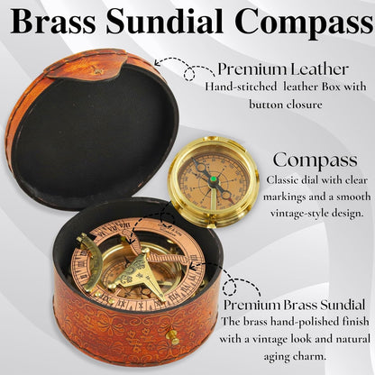 Personalized Engraved Antique Brass & Copper Sundial Compass, Sundial Clock in Leather Box Gift Sun Clock Ship Replica Watch