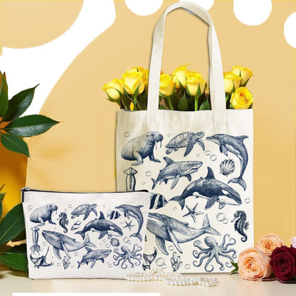 Retro Ocean Animals Turtle Whale Shark Gifts Cosmetic Bags for Women Girls Bestie Lovers Canvas Tote Bag Makeup Bag, Reusable Grocery Bags with Inner Pocket for Gym Beach Birthday Christmas Thank You