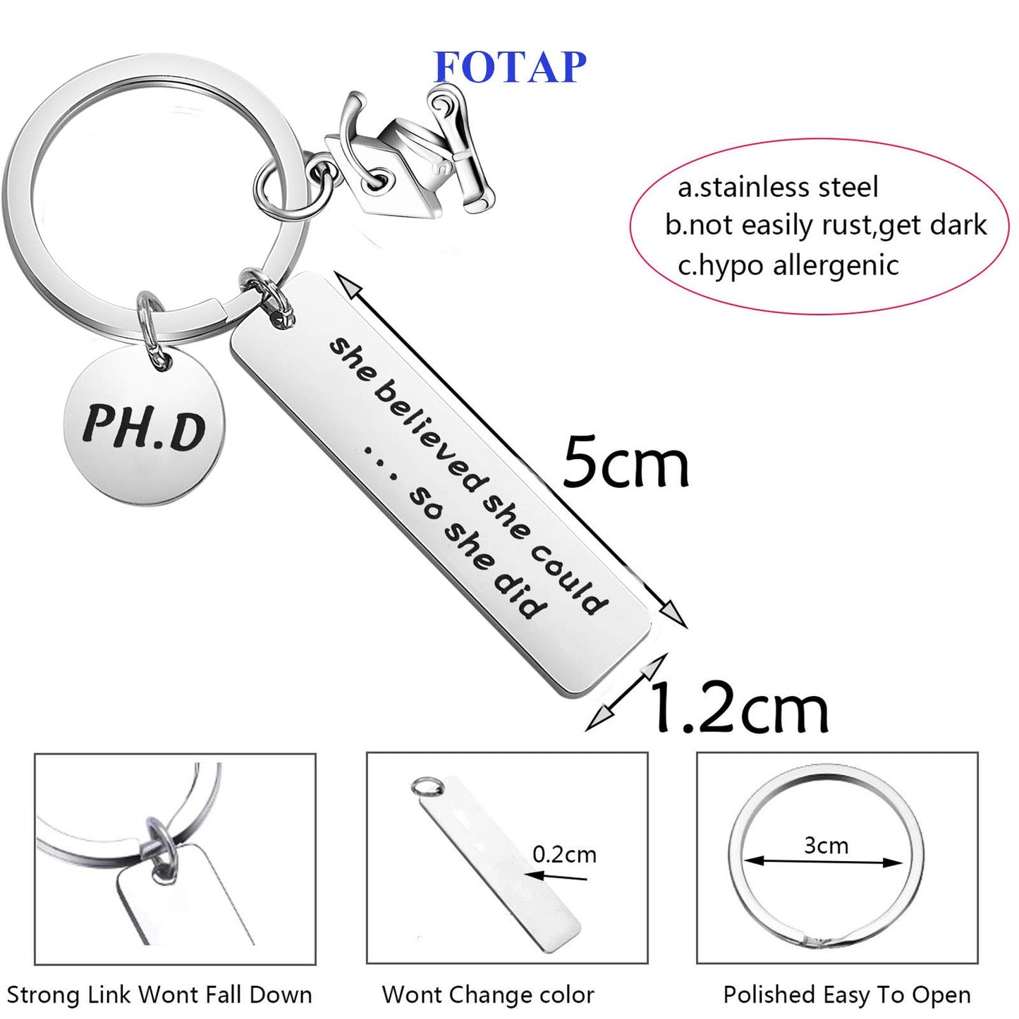 FOTAP PHD Keychain Doctor of Philosophy Jewelry Doctorate Gift PhD Graduation Gift She Believed She Could So She Did Keychain
