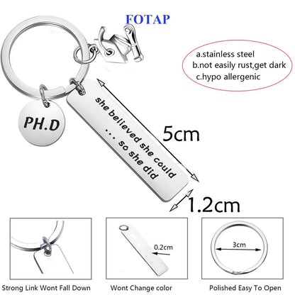 FOTAP PHD Keychain Doctor of Philosophy Jewelry Doctorate Gift PhD Graduation Gift She Believed She Could So She Did Keychain