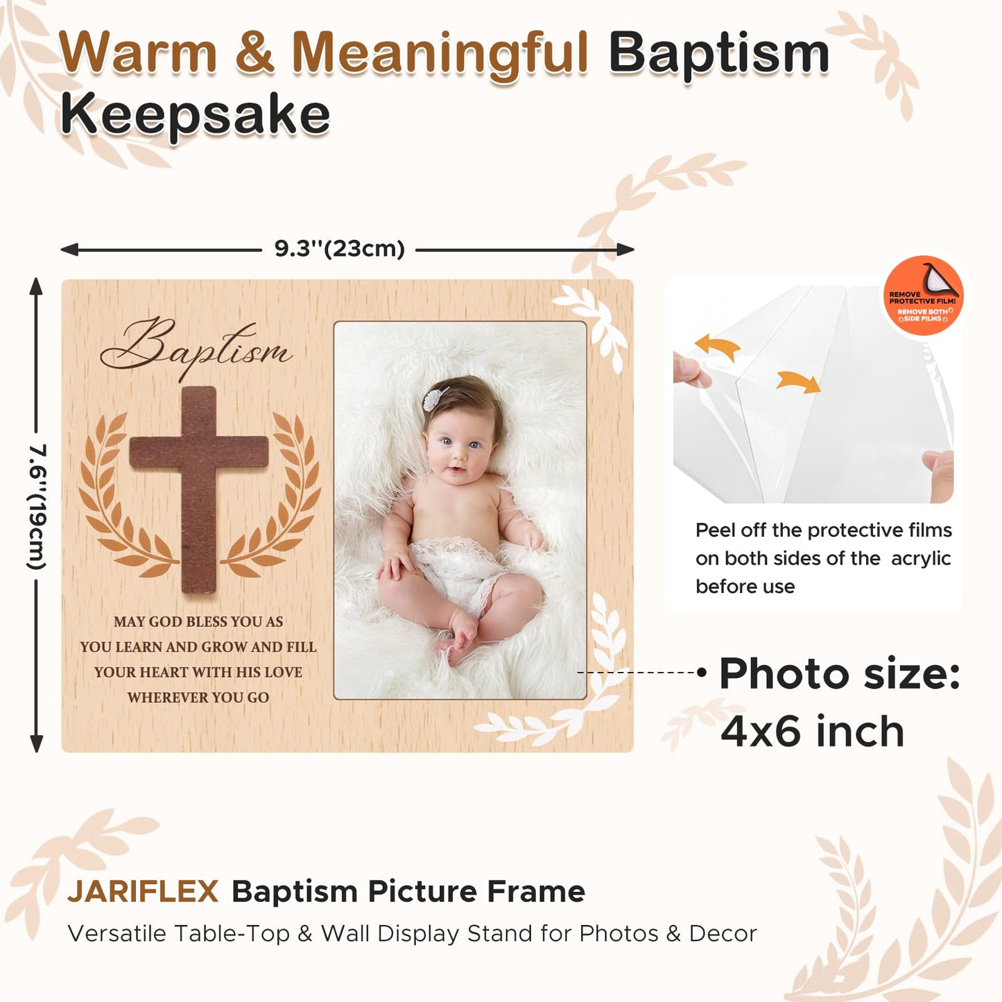 Baptism Picture Frame Gifts,Baptism Gifts for Boys Girls, Christening Baby Gift from Godparents Friends Family,3D Cross Wood Picture Frame(4x6-Vertical)
