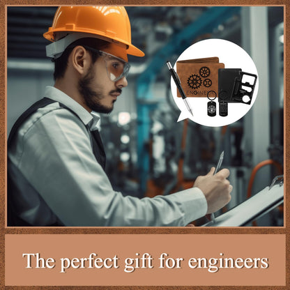4 Pcs Engineer Gifts Set for Men with Retro Brown Wallet 6 in 1 Multi Tool Pen Retro Keychain 11-in-1 Credit Card Multitool Engineer Gift Box for Men Birthday Party Favors