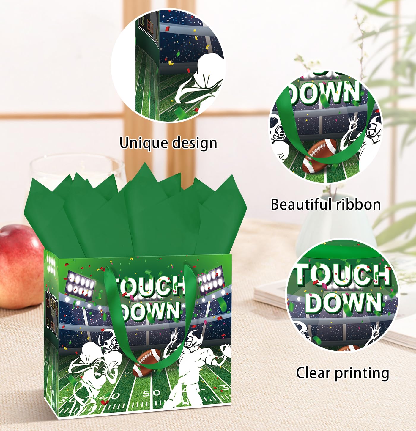 MUNILAIL 13 Inches Football Gift Bag Large Gift Bag with Handle Tissue Paper and Greeting Card for Birthday Baby Shower Football Themed Party Large Paper Gift Bag