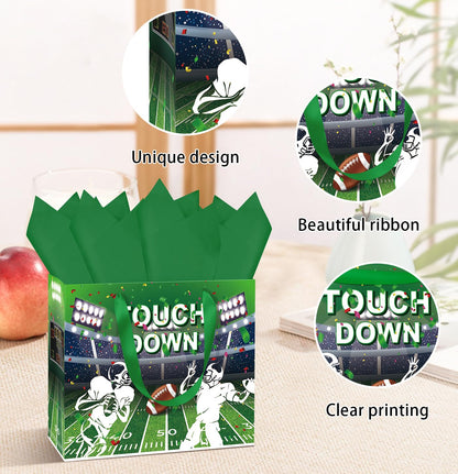 MUNILAIL 13 Inches Football Gift Bag Large Gift Bag with Handle Tissue Paper and Greeting Card for Birthday Baby Shower Football Themed Party Large Paper Gift Bag