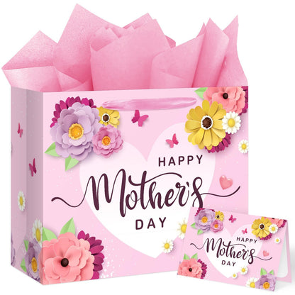 13" Happy Mother's Day Gift Bag with Card and Tissue Paper Large Pink Floral Mom's Party Paper Gift Bag Mom Present Bags with Handle Mother Parties Bags for Happy Mothers Day Party Decorations 1Pcs