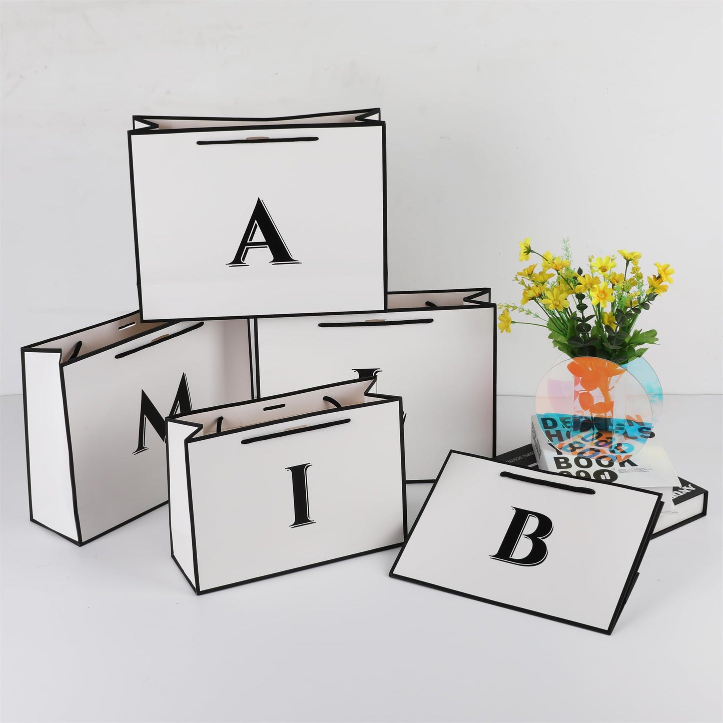 STOBOCTER Initial Gift Bags with Handles and Bow Ribbon 11"x8" Personalized Letter Gift Bags Birthday Gift Bag for Women Men Reusable Gift Wrap Bag for Mothers Day Wedding Graduation (J-Small)