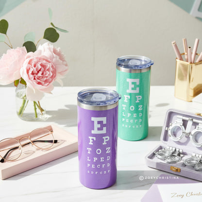 Optometry Technician Gifts for Women Snellen Chart Water Bottle or Coffee Tumbler Cup with Lid 0195