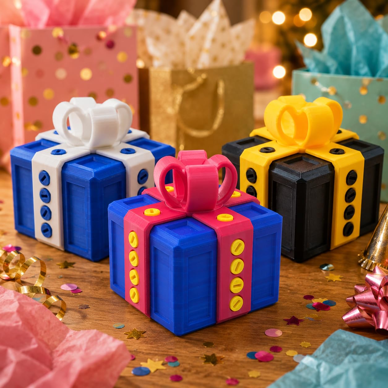 sofarefinish 3.14'' Annoying Gift Box, Multicolor 3D Printed Prank Box, Prank Box Set, 3 Count (Blue with Red, Blue with White, Black with Yellow)