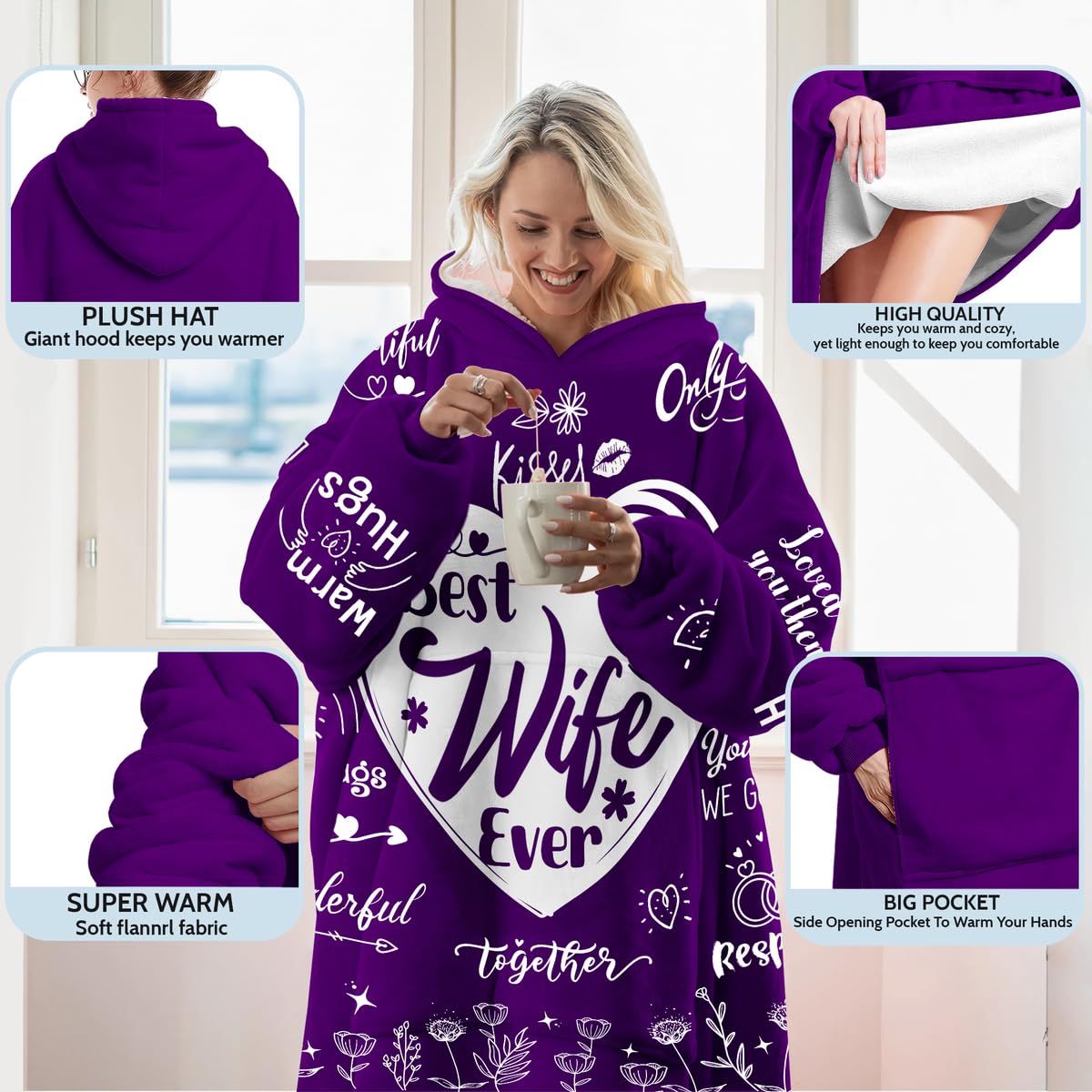 Warmstorey Wearable Blanket Hoodie For Mom Wife - Best Wife Ever Hoodie From Husband Daughter Son - Birthday Mothers Day Gift
