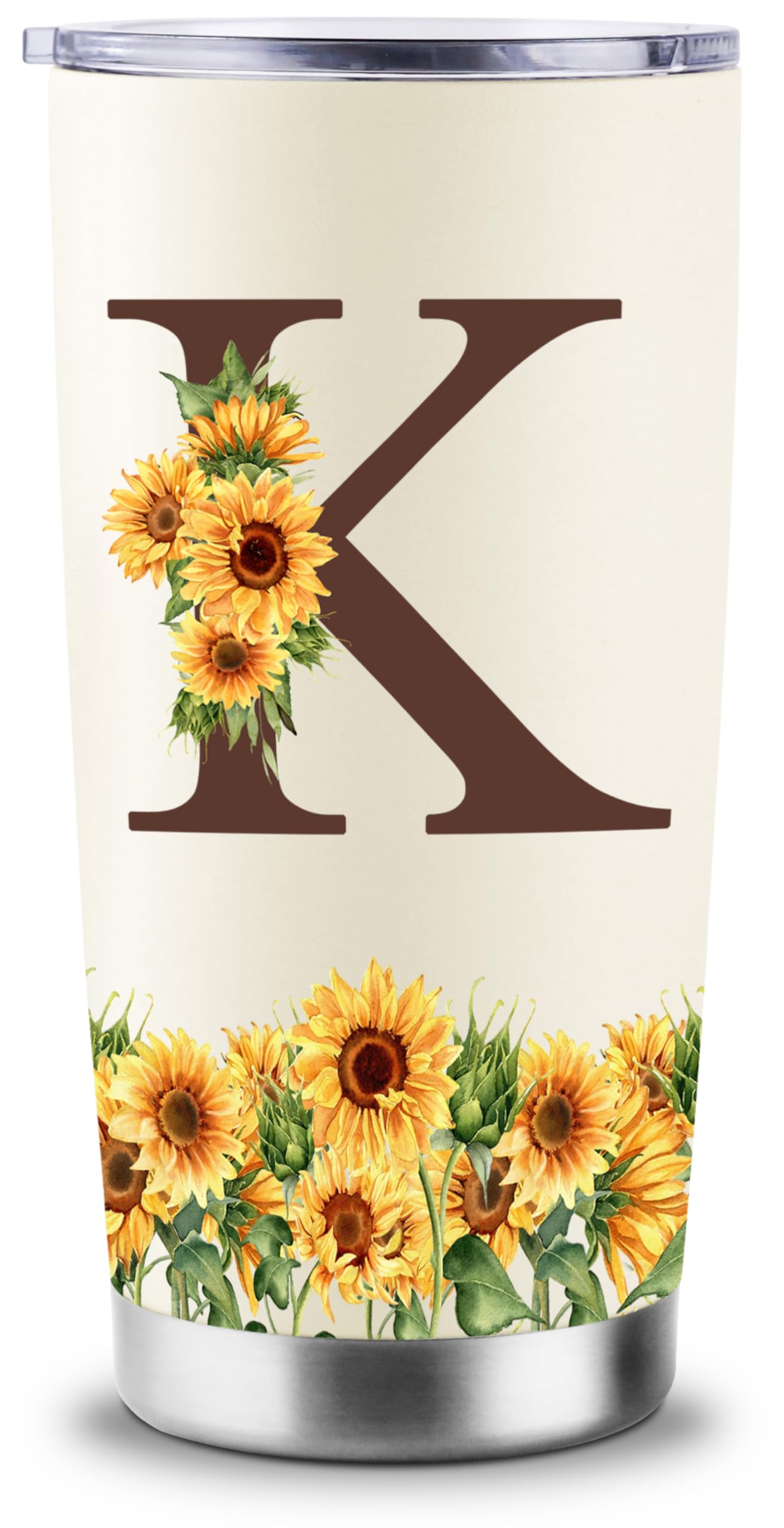 Sunflower Gifts for Women - Personalized Gifts for Women - Birthday Gift for Woman - Mothers Day Gift for Mom - Monogrammed, Initial 20oz Travel Cup Insulated Tumbler with Lid, K