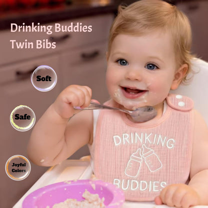 Twin Bibs – Ultra-Soft Cotton Yarn Twin Baby Bibs - 'Drinking Buddies' Design, High Absorbency, Perfect Infant Gift