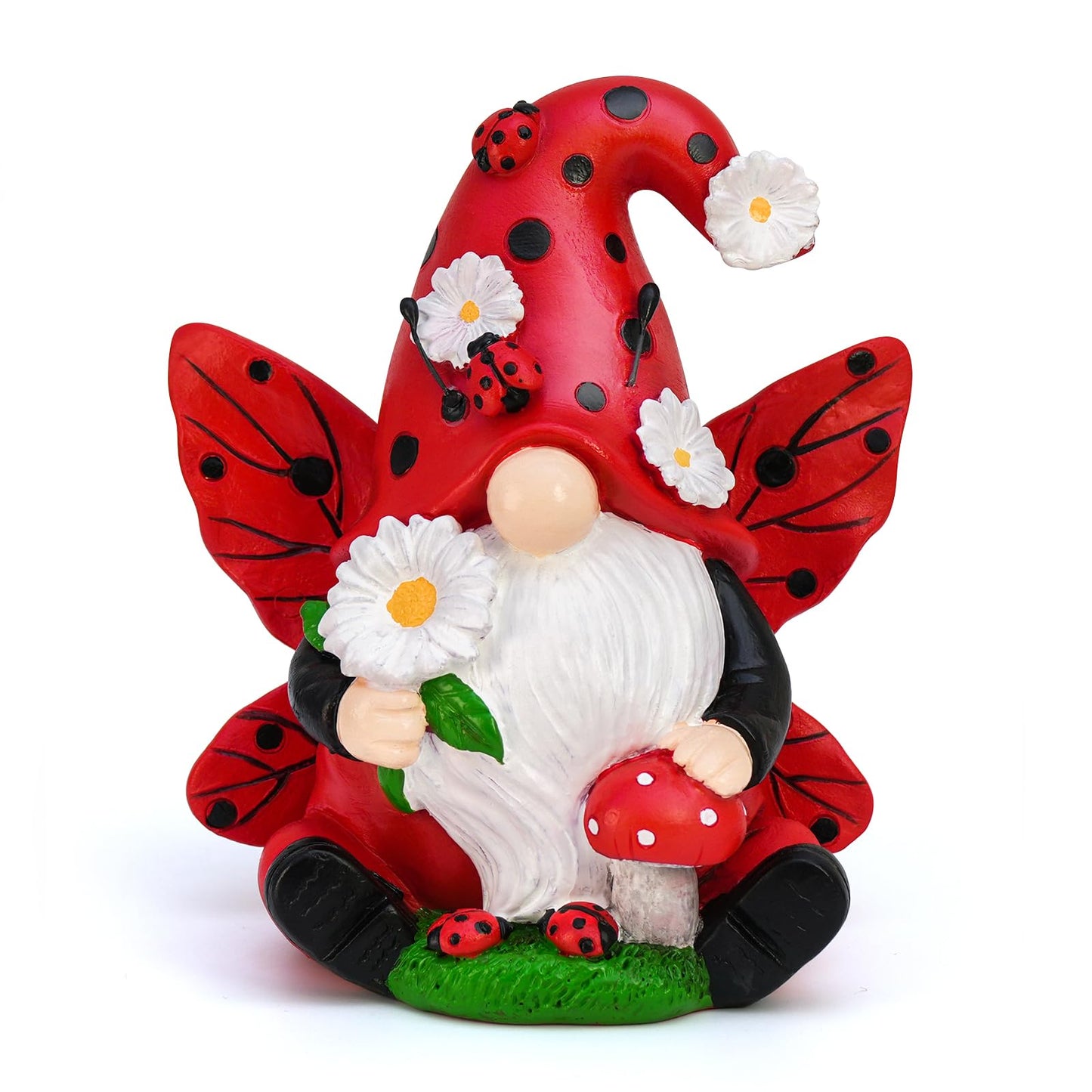 Ladybug Gnome Garden Decor, Fairy Gnome Figurine with Flowers, Spring Summer Outdoor Garden Decorations for Yard Lawn Patio, Garden Gifts for Women