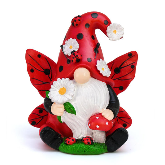 Ladybug Gnome Garden Decor, Fairy Gnome Figurine with Flowers, Spring Summer Outdoor Garden Decorations for Yard Lawn Patio, Garden Gifts for Women