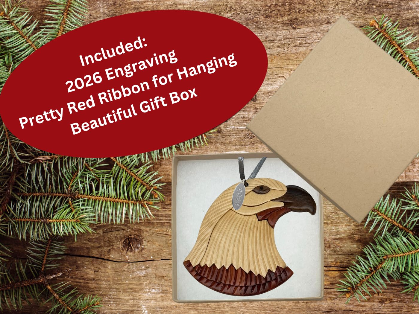 Two-Tone Intarsia Wood Bald Eagle Ornament 2026, Handcrafted Solid Piece - Great Air Force, Bald Eagle Gifts for Men, or Scout Ornament - 3" Size - Comes in Gift Box