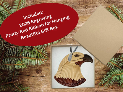 Two-Tone Intarsia Wood Bald Eagle Ornament 2026, Handcrafted Solid Piece - Great Air Force, Bald Eagle Gifts for Men, or Scout Ornament - 3" Size - Comes in Gift Box