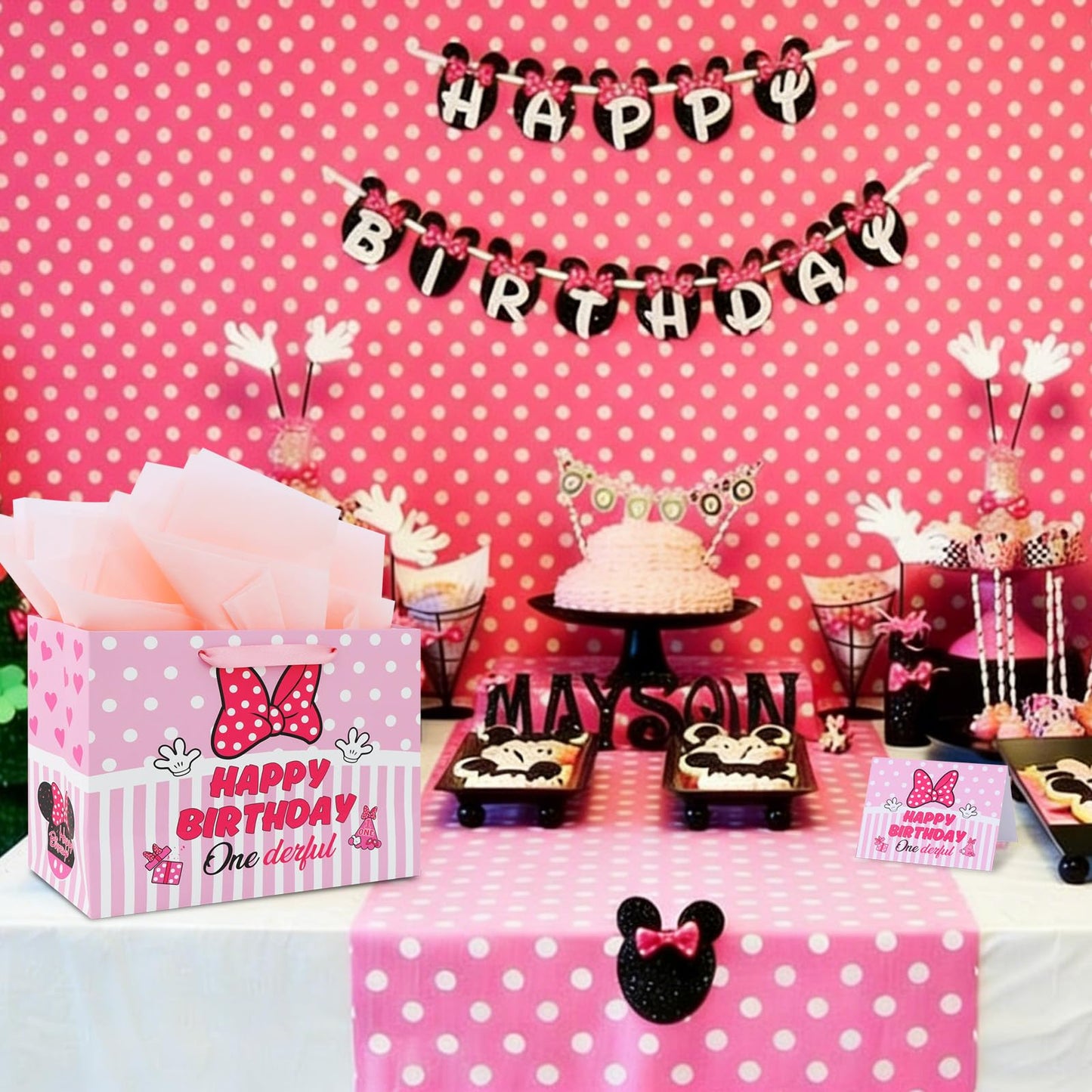BAOOOFUL 13" Pink Mouse Theme Happy 1st Birthday Gift Bag with Tissue Paper and Greeting Card for Party,Birthday Wrapping Paper for Boy and Girls,Party Decorations Party Supplies(1 Pcs)