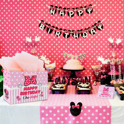 BAOOOFUL 13" Pink Mouse Theme Happy 1st Birthday Gift Bag with Tissue Paper and Greeting Card for Party,Birthday Wrapping Paper for Boy and Girls,Party Decorations Party Supplies(1 Pcs)