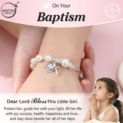 UNGENT THEM Rosary Cross Pearl Bracelet Baptism Communion Catholic Confirmation Easter Gifts for Girls Granddaughter Daughter Niece