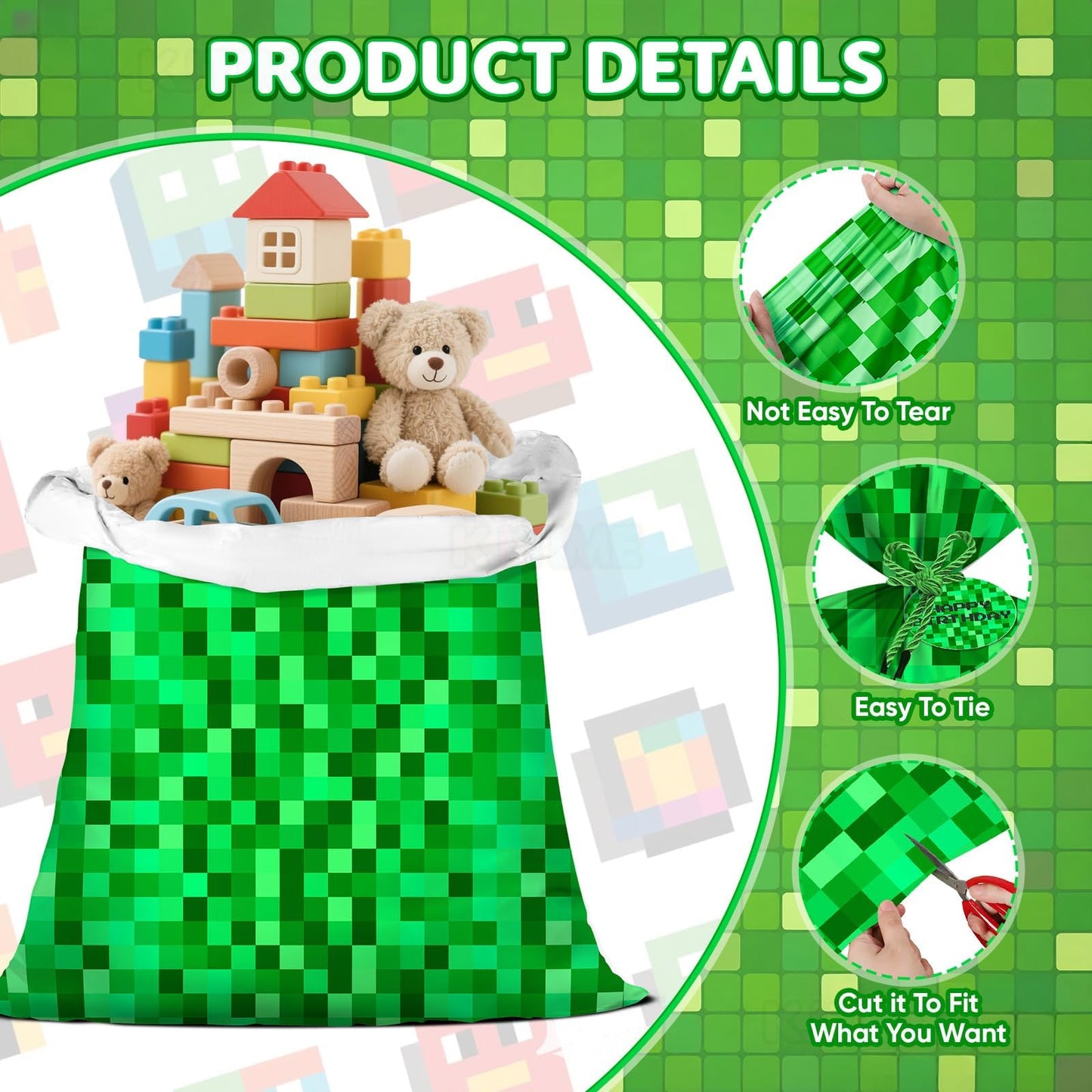 Jumbo Large Plastic Gift Bag Green Pixel Party Favor Bags for Boys 56''x36'' Video Game Kids Birthday Decorations Miner Theme Christmas Party Supplies