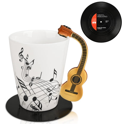Maustic Guitar Mug, Guitar Gifts for Guitar Players, Music Teacher Gifts, Christmas Birthday Gift for Music Lovers, Ceramic Mug 13 Oz with Vinyl Record Coaster (Acoustic Guitars)
