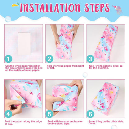 WERNNSAI Mermaid Wrapping Paper - 3 Rolls 17” x 120” Girls Birthday Wrapping Paper Rolls Mermaid Gift Wrap Paper Kids Pink Baby Shower Ocean Theme Party Gift Packing Supply with Cutting Lines