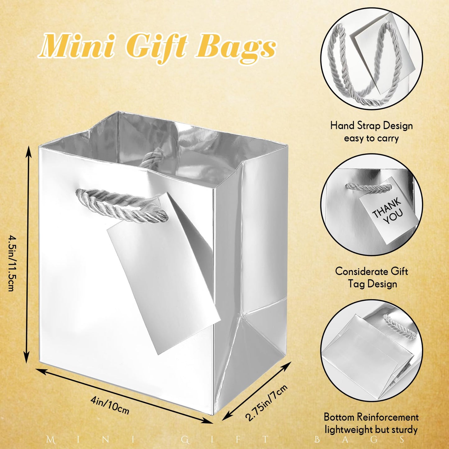 Sherr 100 Pcs Mini Gift Bags Bulk, 4 x 2.75 x 4.5 in Paper Bag with Tag, Extra Small Paper Gift Boxes with Handles for Birthday, Party Favor, Wedding, Small Business, Spring Easter(Silver)