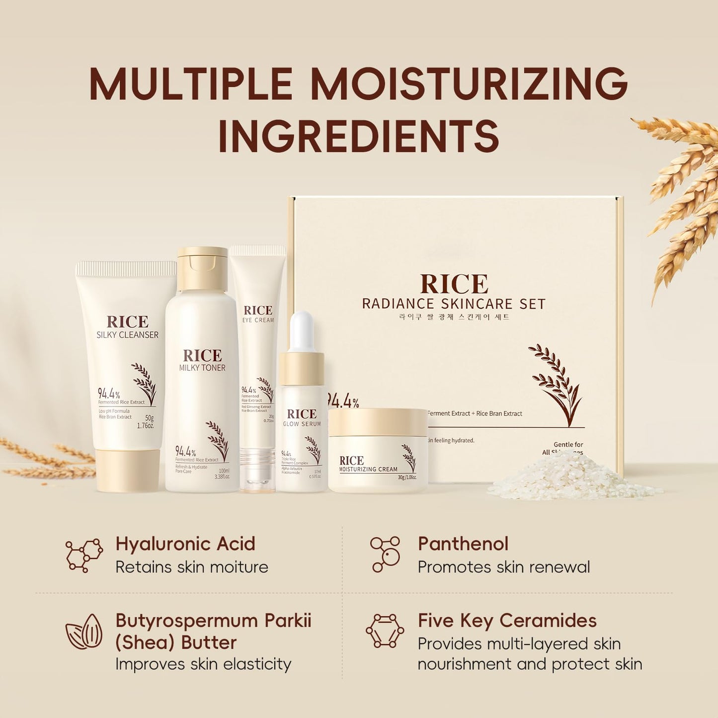 LAIKOU Skin Care Set, Korean Skin Care with Rice Cleanser, Toner, Serum, Eye Serum, Moisturizing Cream 5pcs for Women Teen Girls Mom Daughter Mother's Day Birthday Christmas Lover Korean Beauty