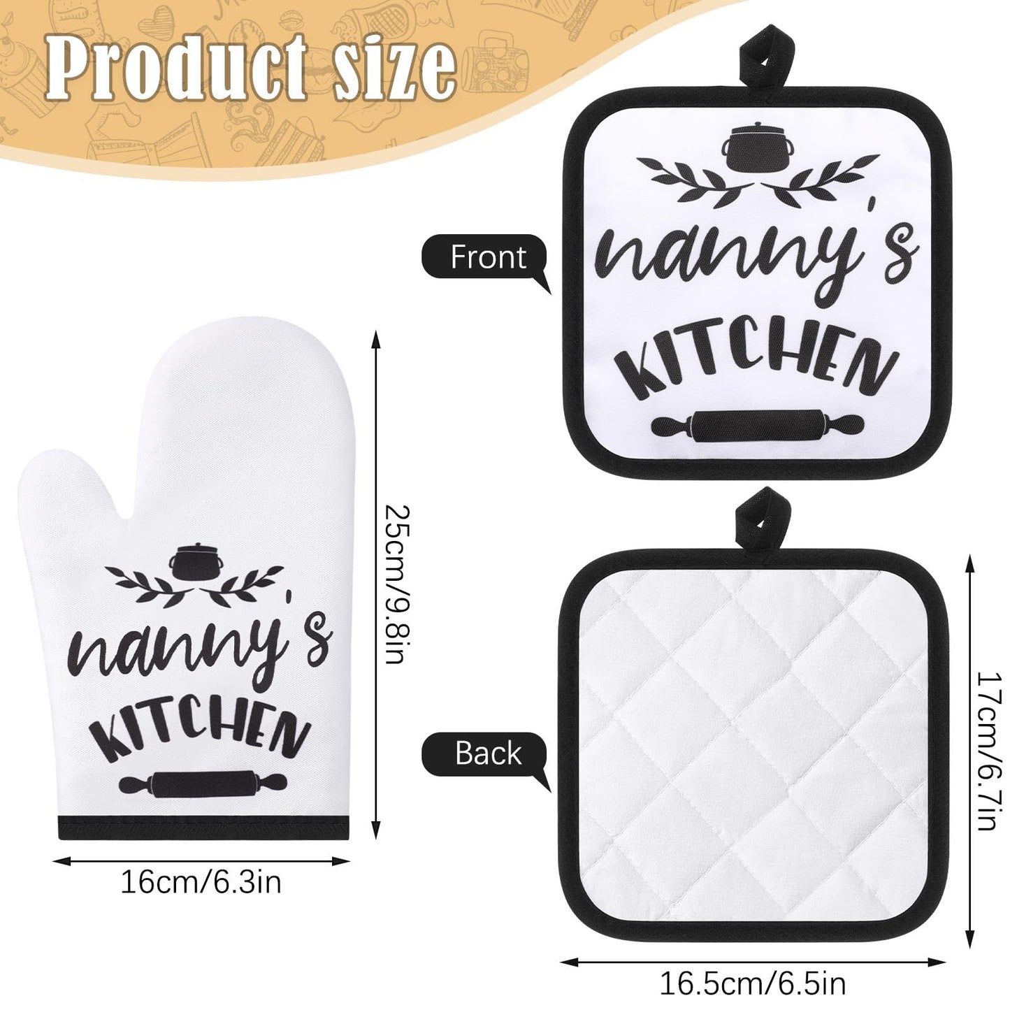 Tatuo Nanny Gifts, Birthday Gifts for Nanny from Grandkids, 5 Pcs Kitchen Gift Set-2 Microfiber Dish Towels, 2 Oven Pads, 1 Oven Mitt, Funny & Heartwarming Cooking Kitchen Gift