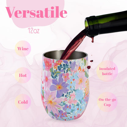 12oz Vacuum Insulated Wine Tumbler, Stainless Steel Flower Cup with Lid, Womens Birthday Friendship Gifts for Friend Coworkers Teacher Sister Girlfriend Her, Mothers Day Gifts for Mom