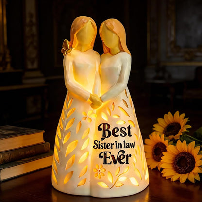 Sister in Law Gifts, Best Sister in Law Ever Figurine Light with Remote Control - Mothers Day Birthday Christmas Wedding Gifts for Women, Cream-White Resin Lamp (No Batteries Included)