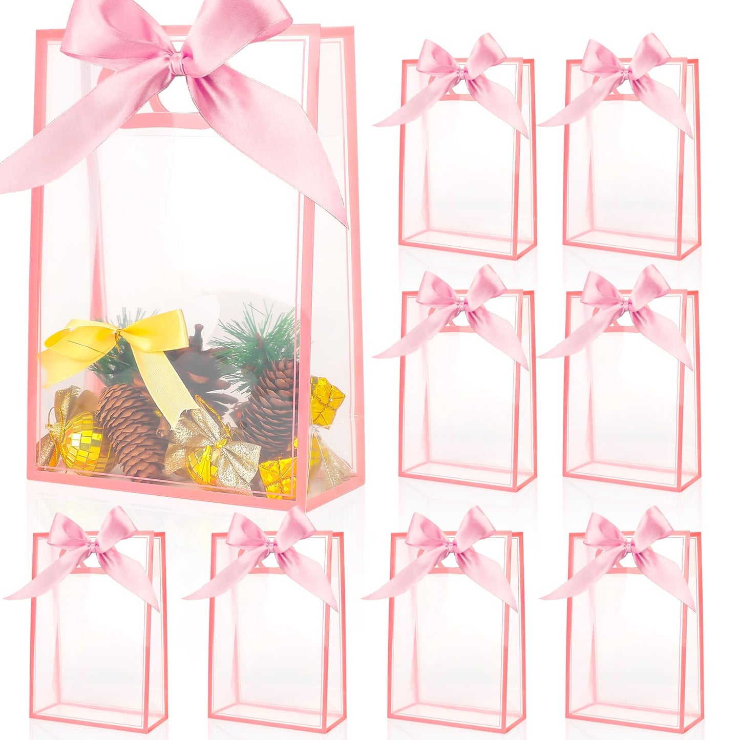 ZJHiome Clear Gift Bags with Handle, 8 PCS PVC Gift Bag with Ribbon Bow for Christmas Easter Wedding Baby Shower Birthday Party(Pink)