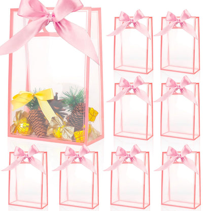 ZJHiome Clear Gift Bags with Handle, 8 PCS PVC Gift Bag with Ribbon Bow for Christmas Easter Wedding Baby Shower Birthday Party(Pink)