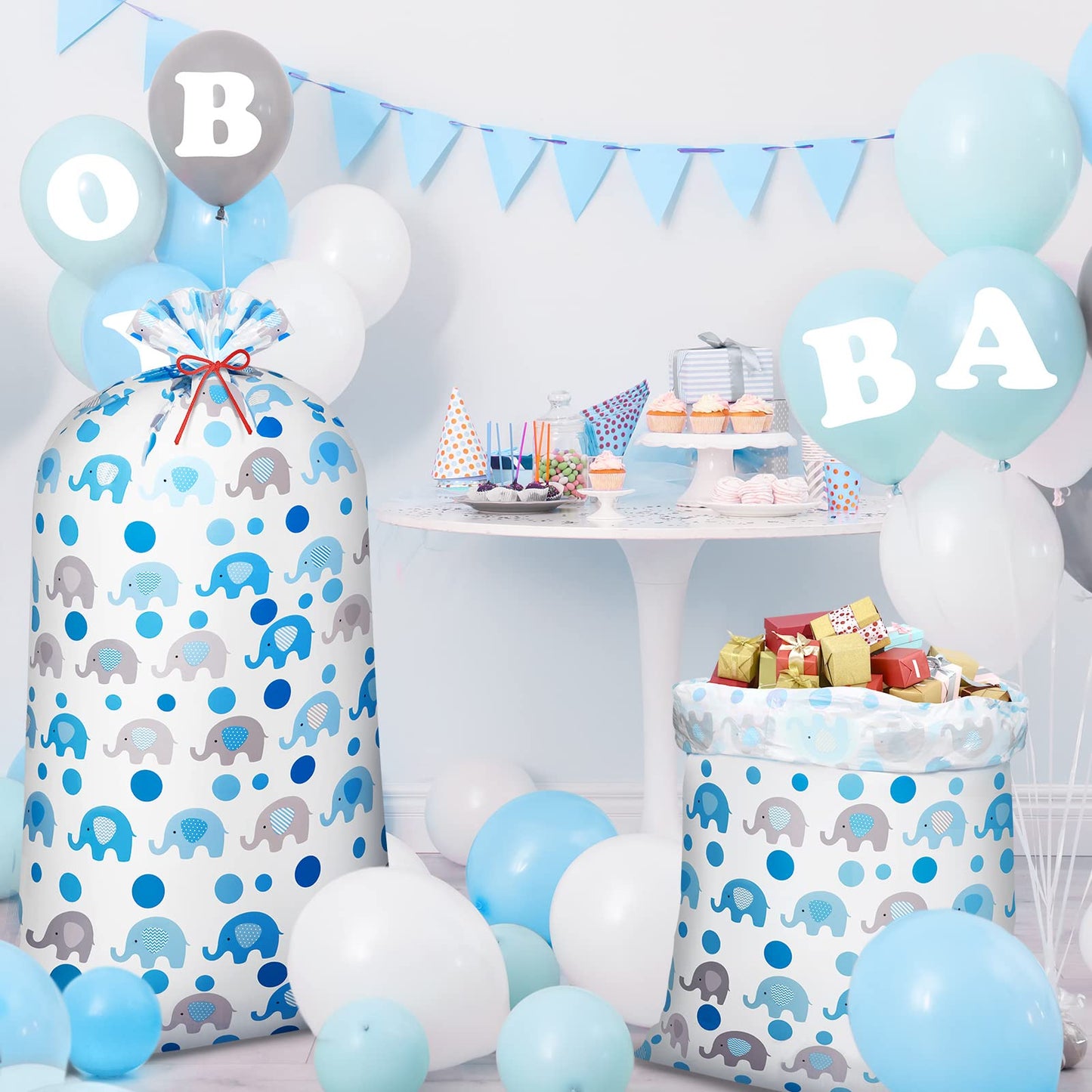 Leinuosen 2 Pcs 70 Inches Extra Large Gift Bags for Baby Shower Jumbo Oversized Plastic Gift Bags with Ropes for Birthday Parents Party Favors(Blue Elephant Polka Dot)