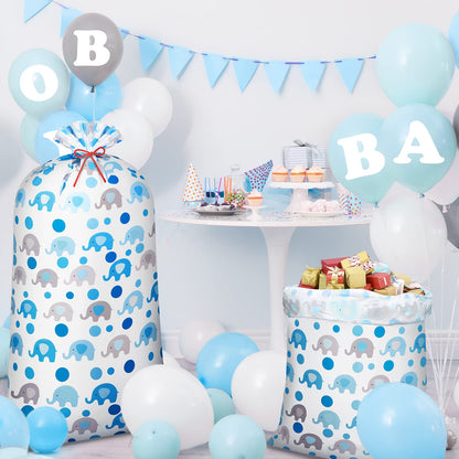 Leinuosen 2 Pcs 70 Inches Extra Large Gift Bags for Baby Shower Jumbo Oversized Plastic Gift Bags with Ropes for Birthday Parents Party Favors(Blue Elephant Polka Dot)