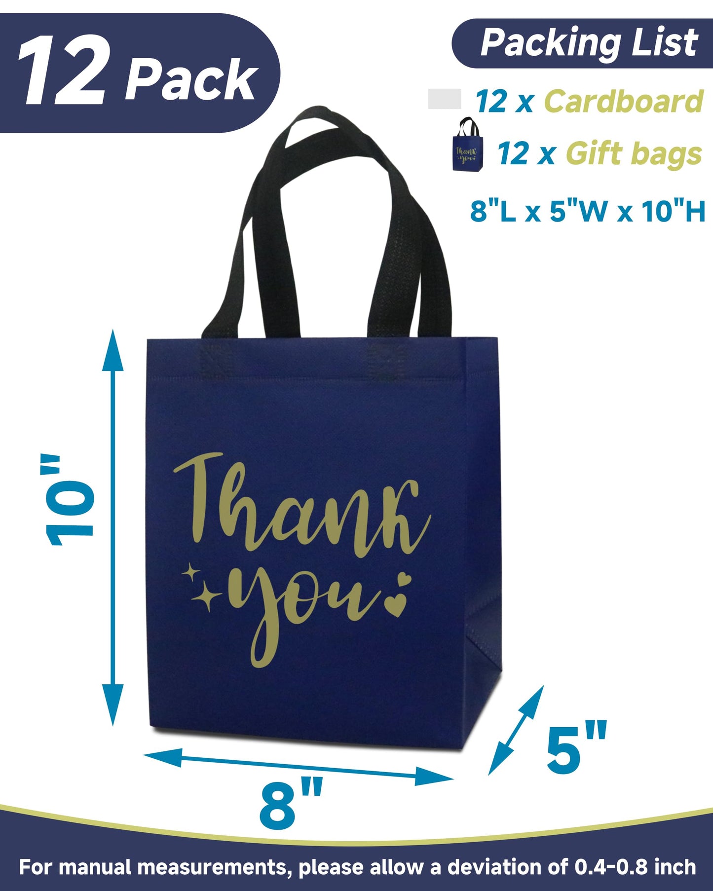 12 Navy Blue Thank You Gift Bags - Sturdy, Reusable, Medium 8x5x10 with Handles, Non-Woven for Weddings, Teachers, Father's Day, Parties, Birthdays & Graduations