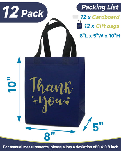12 Navy Blue Thank You Gift Bags - Sturdy, Reusable, Medium 8x5x10 with Handles, Non-Woven for Weddings, Teachers, Father's Day, Parties, Birthdays & Graduations