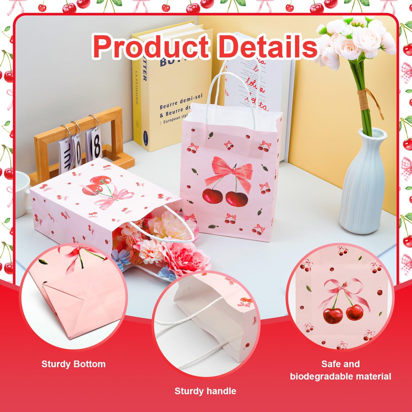 12pcs Cherry Gift Bag, Pink Bow Medium Gift Bags with Tissue Paper, Cherry Party Decorations for Birthday Bridal Shower Baby Shower Wedding Party Favor Bags (8.27 x 6.3 x 3.15 inch)