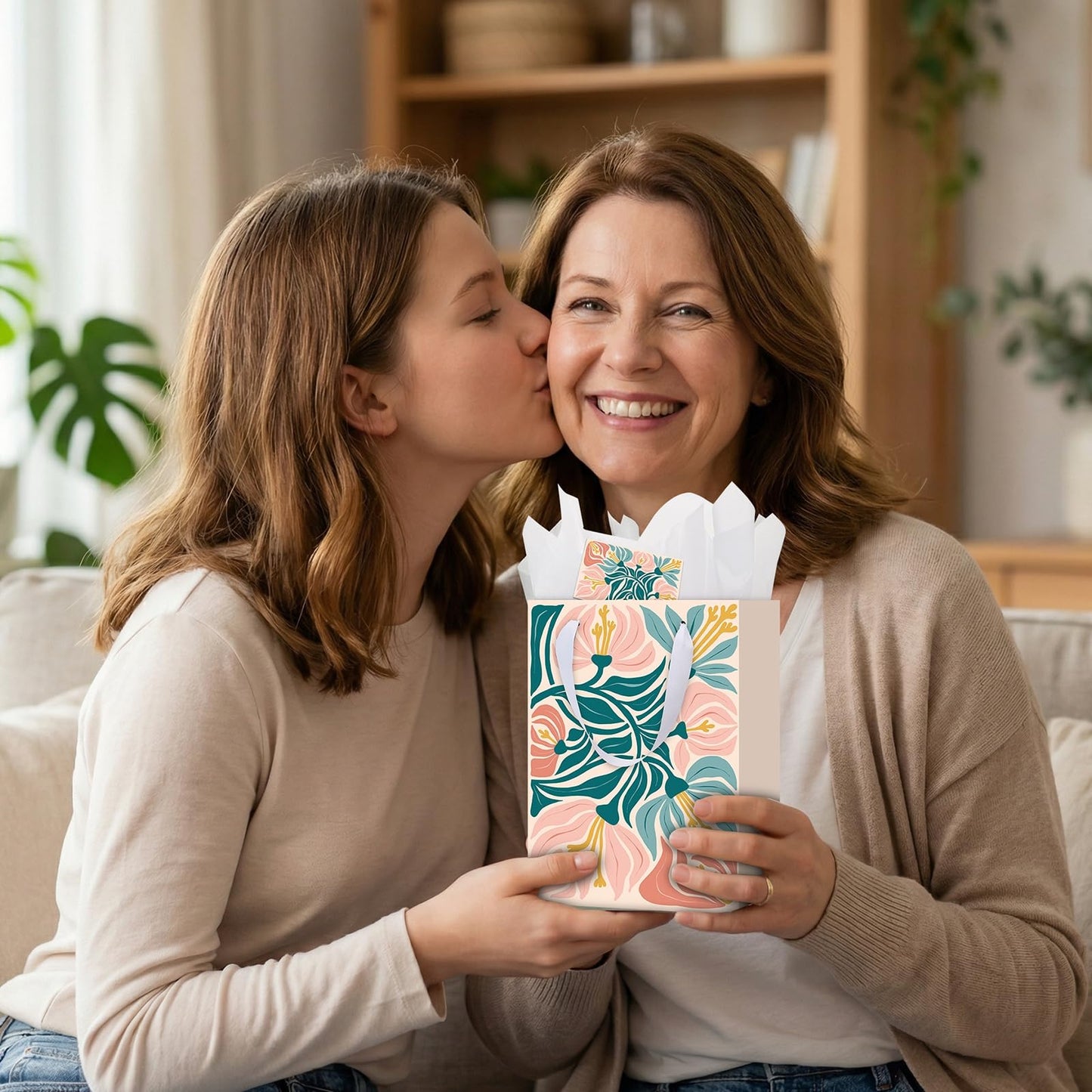 woric 10.6" Matisse Flowers Gift Bags with Tissue Paper, 4 Colors Medium Gift Bag with Greeting Cards for Mother's Day Birthdays Bridal Showers Weddings(10.6x7.87x4.7in)