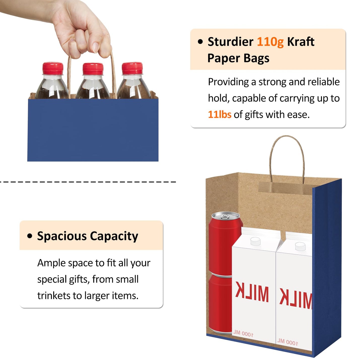 BagDream Gift Bags 10x5x13 25Pcs Kraft Paper Shopping Bags with Handles, for Gifts, Business, Merchandise, Retail, Birthday Party Favor, Navy Blue Recycled Paper Sacks