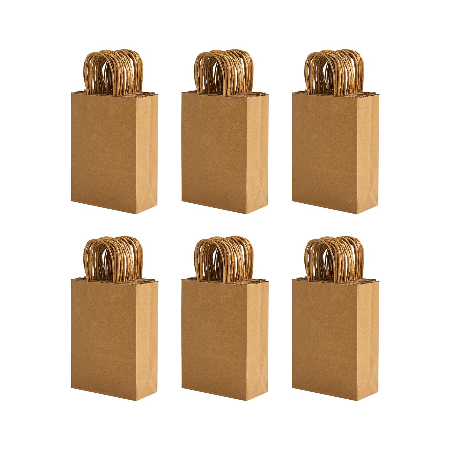 100 Pack 5.8x3.2x8.25 Inch Brown Kraft Paper Gift Bags with Handles - Bulk Small Plain Natural Bags for Birthday Party Favors, Grocery, Retail Shopping, Wedding, Craft, Goody, Takeouts, and Business