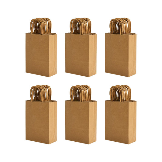 100 Pack 5.8x3.2x8.25 Inch Brown Kraft Paper Gift Bags with Handles - Bulk Small Plain Natural Bags for Birthday Party Favors, Grocery, Retail Shopping, Wedding, Craft, Goody, Takeouts, and Business