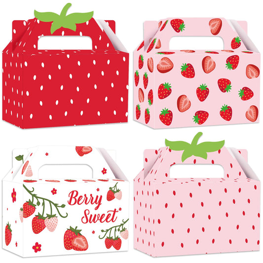 GRADESIN Strawberry Box for Party Favors, 24 Pcs Strawberry Gift Candy Treat Boxes Bags for Berry First Birthday Baby Shower Party Decor Supplies, 6.3 x 3.2 x 3.9 Inch