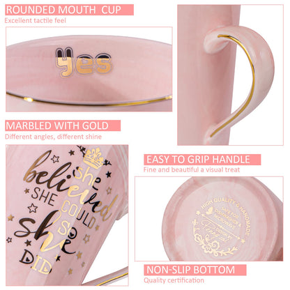 Graduation Gifts for Her 2026 - She Believed She Could So She Did Mug - Valentines Spiritual Motivational Congratulations Gifts for Women, 14oz Pink Ceramic Marble Gold Print Coffee Cup, Nicely Boxed