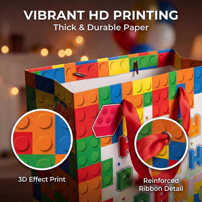 Elunpoe Building Brick Birthday Gift Bag Set with Matching Card & Red Tissue Paper, Colorful Block-Themed Happy Birthday Present Bag for Kids Boys Girls, School Favors, Party Gift Wrap Supplies, 13" x 4.9" x 10.2"