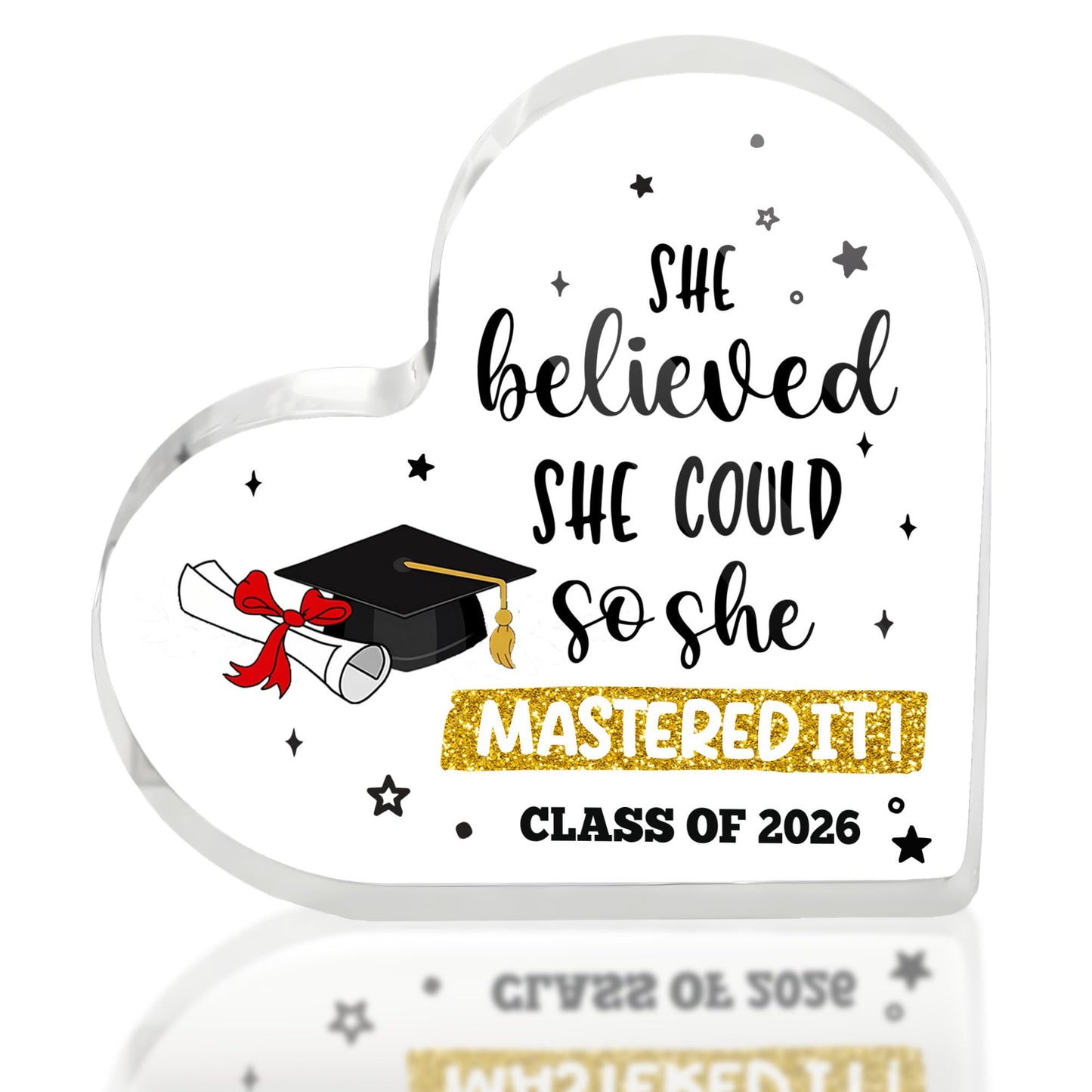 Graduate Gifts Class of 2026 Plaque, College Graduation Gifts for Her Women, Inspirational Graduation Gift, Masters Graduate Grad Keepsake for Masters Degree Heart Acrylic Paperweight, She Mastered It