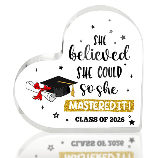 Graduate Gifts Class of 2026 Plaque, College Graduation Gifts for Her Women, Inspirational Graduation Gift, Masters Graduate Grad Keepsake for Masters Degree Heart Acrylic Paperweight, She Mastered It