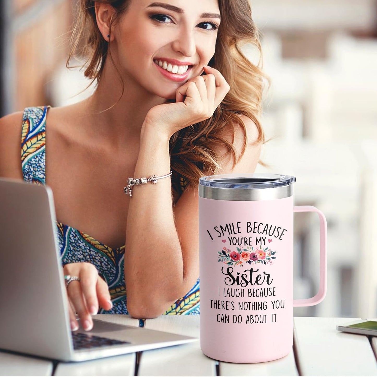 Lifecapido Sister Gifts from Sisters, I Smile Because You’re My Sister 20oz Insulated Coffee Mug with Keychain, Birthday Christmas Mothers Day Gifts for Sisters, Rose Quartz