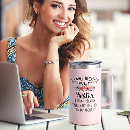 Lifecapido Sister Gifts from Sisters, I Smile Because You’re My Sister 20oz Insulated Coffee Mug with Keychain, Birthday Christmas Mothers Day Gifts for Sisters, Rose Quartz
