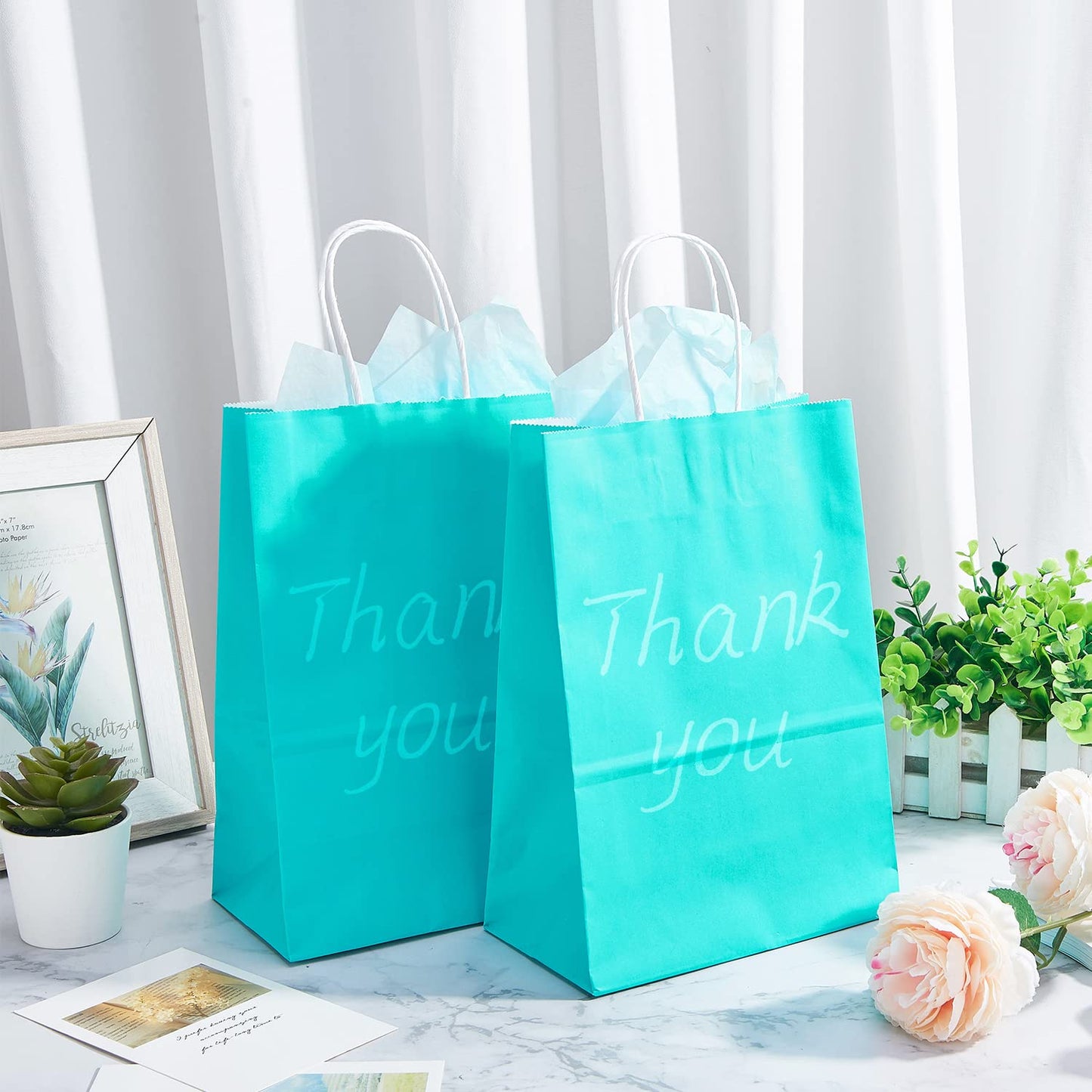 DjinnGlory 24 Pack Medium Size Teal Blue Paper Gift Bags with Handles 10x8x4 Inch and 24 Tissue Paper for Birthday Wedding Baby Bridal Shower Party Favors, Merchandise Shopping Bags